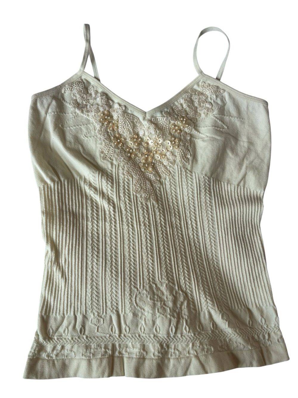 White Embellished Sequin Lace Knit-Texture Stretchy Cami Top